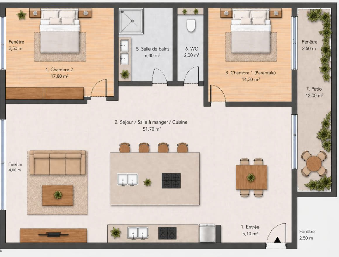 Upper apartment — 95 m² 2-bedroom floor plan